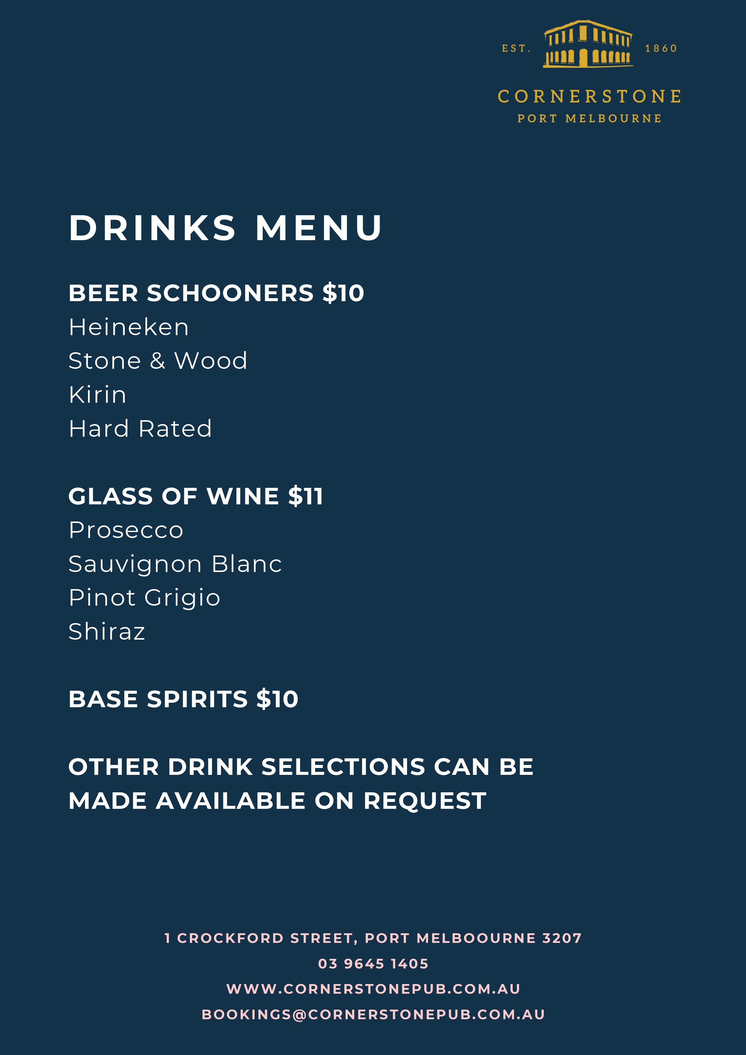 Cornerstone Pub events menu page 4 - final page of event catering menu with additional options, pricing, and booking information for functions